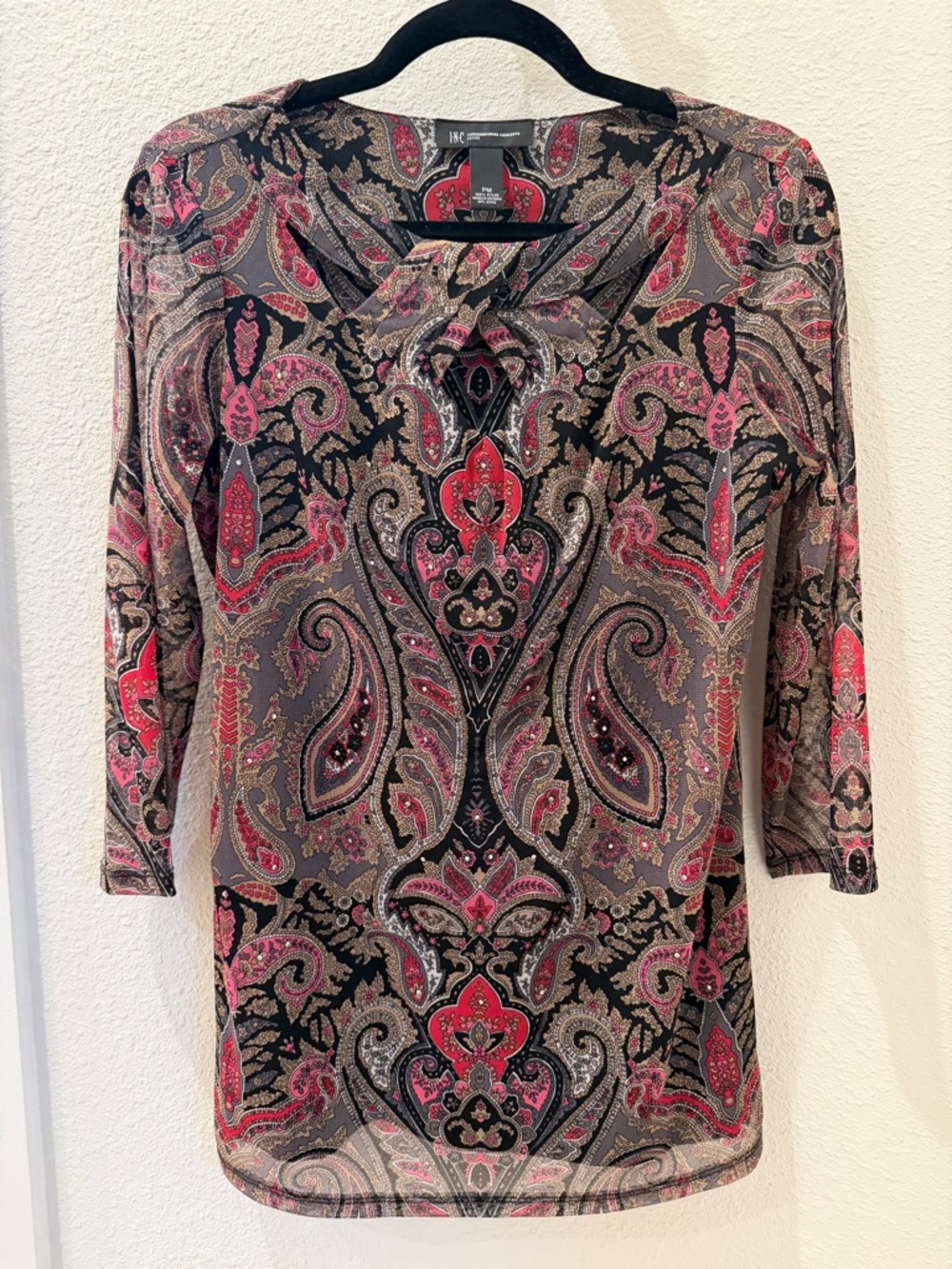 INC International Concepts Petite Paisley V-Neck Top in Fuchsia and Black